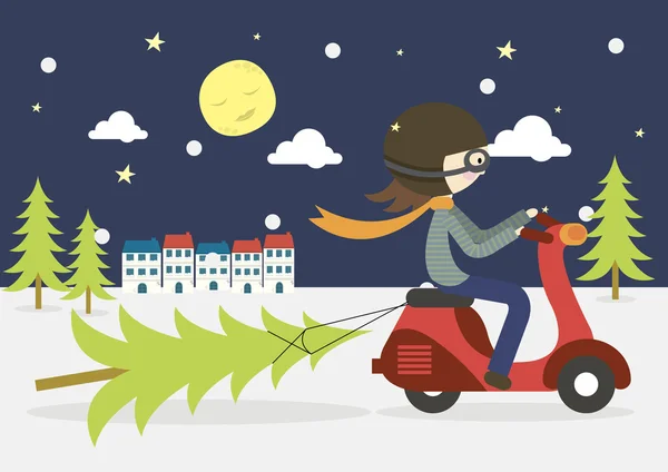 Christmas tree scooter night — Stock Vector