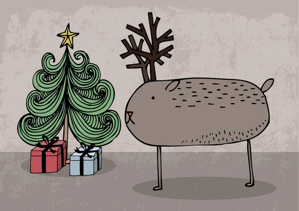 Rentiere und Weihnachtsbaum — Stockvektor