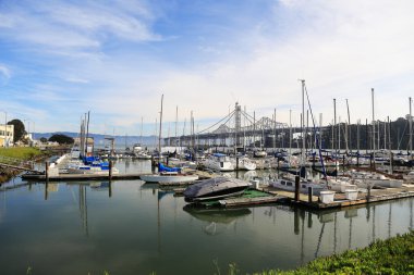 Boats and San Francisco Oakland bay bridge clipart