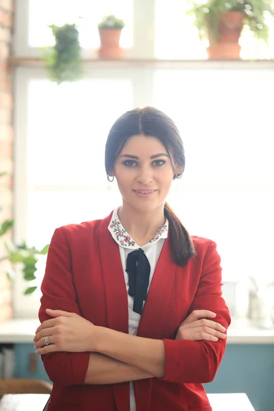 Beautiful Businesswoman Red Jacket Working Office — Stockfoto