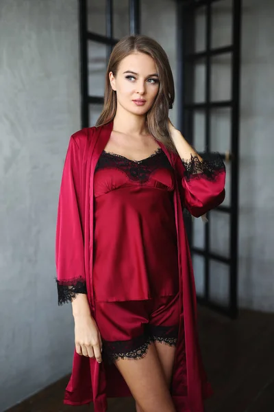 Beautiful Young Woman Red Nightgown Posing Black Glass Door — Foto de Stock