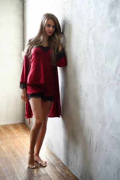 Beautiful Young Girl Red Nightgown Posing Grey Wall — Photo