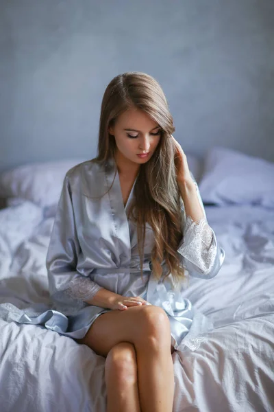 Attractive Sexy Young Blonde Woman Silver Nightgown Sitting Bed —  Fotos de Stock