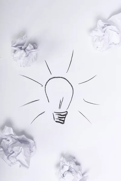 Crumpled Paper Light Bulb Drawning White Background — Stock Photo, Image