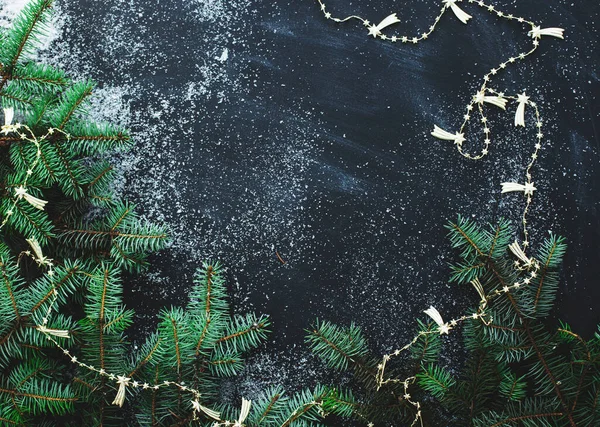 Fir Tree Table Dark Background Copy Space — Stok fotoğraf