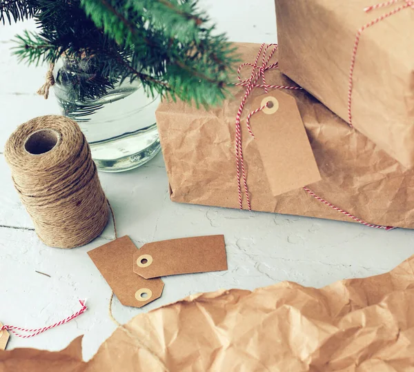 Christmas Gifts Wrapped Craft Paper Floor — Stock Fotó