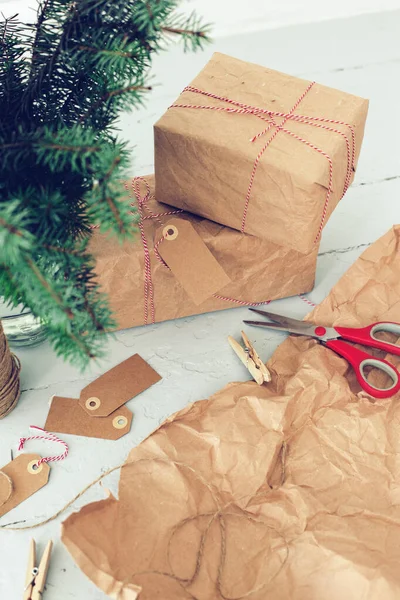 Christmas Gifts Wrapped Craft Paper Floor — Stock Fotó