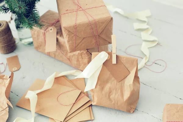 Christmas Gifts Wrapped Craft Paper Floor — Stock Fotó
