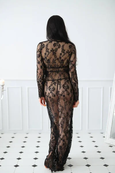 Salle Bains Belle Femme Robe Noire Transparente — Photo