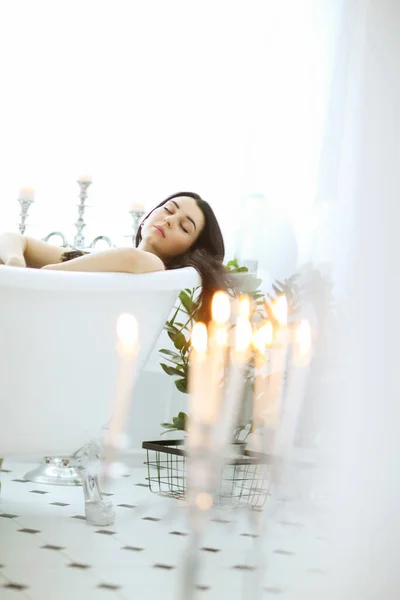 Woman Black Dress Taking Bath — Foto Stock