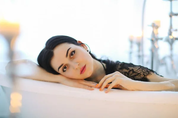 Woman Black Dress Taking Bath — Stock Photo, Image