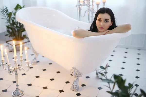 Woman Black Dress Taking Bath — Foto Stock