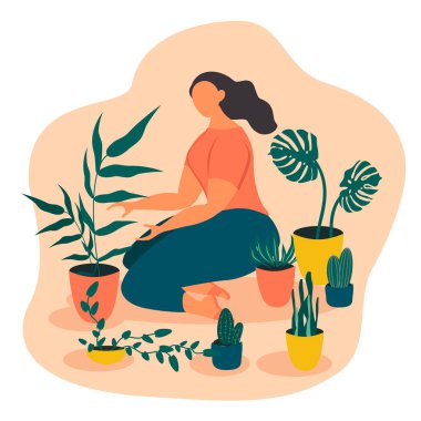  Vektör el çizimi - bir kız ev bitkileri eker. Web siteleri için son moda düz illüstrasyon. Bitki bakımı, bahçe işleri. dergiler ve uygulamalar 
