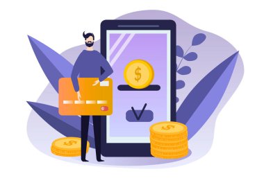  Çevrimiçi ödeme konusuna akıllı telefondan vektör düz çizim. Ekranda başarılı bir işlemin olduğu büyük bir akıllı telefon. Yakınlarda büyük bir kredi kartı tutan bir adam..