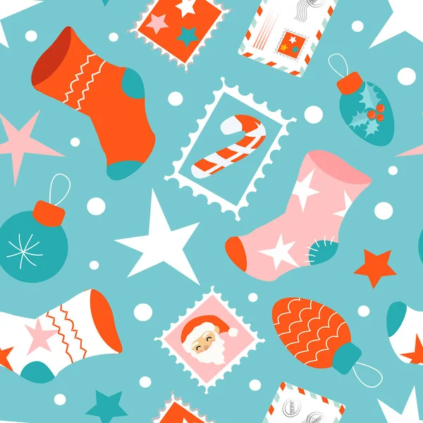  Noellerde, Noel çorapları, yıldızlar, pullar, şenlikli zarflarla retro tarzında kusursuz vektör deseni. Kumaş ve ambalaj kağıdı üzerine baskı için düz biçimli desen