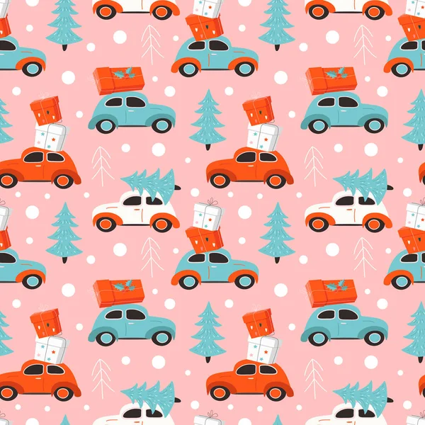 Karácsonyi Zökkenőmentes Vektor Minta Autók Szállító Ajándékok Karácsonyfák Hóesés Trendi — Stock Vector