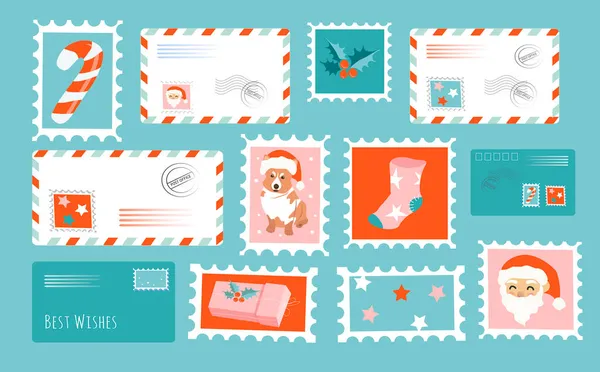 メリークリスマスをテーマにしたベクターイラスト クリスマス柄の切手と封筒のセット フラットスタイルのトレンドイラスト — ストックベクタ