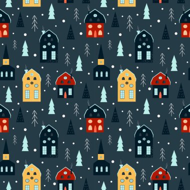  İskandinav tarzında kusursuz noel şablonu. Samimi evleri, Noel ağaçları ve kar yağışı olan desenler. Kumaş ve ambalaj kağıdı üzerine baskı yapmak için düz stil modada illüstrasyon