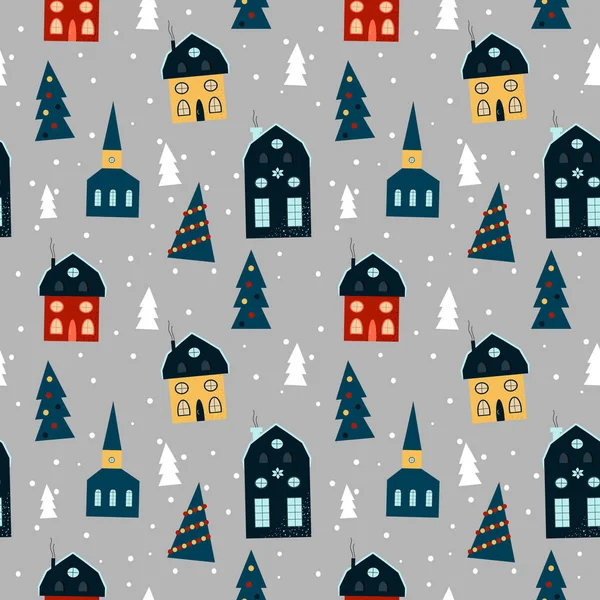 Skandinav Tarzında Kusursuz Noel Şablonu Samimi Evleri Noel Ağaçları Kar — Stok Vektör
