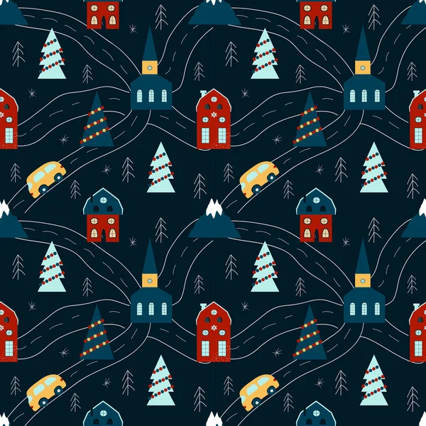 Skandinav Tarzında Kusursuz Noel Şablonu Konforlu Evler Yollar Dağlar Noel — Stok Vektör