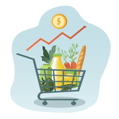  Artan gıda fiyatları konulu vektör çizimi. Ürünlerin fiyatlarındaki artış. Market seti, yemek sepeti. Bir yığın bozuk para ve yukarı ok. Düz biçimdeki resimleme eğilimi