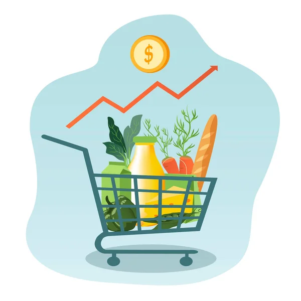 物価上昇をテーマにしたベクトル図です 製品の価格の上昇 食料品セット食料品バスケット コインの山と矢の山 フラットスタイルのトレンドイラスト — ストックベクタ