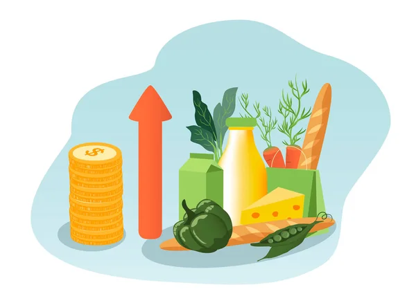 物価上昇をテーマにしたベクトル図です 製品の価格の上昇 食料品セットコインの山と矢 フラットスタイルのトレンドイラスト — ストックベクタ