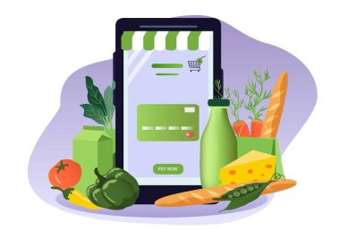  Yemek dağıtım teması, çevrimiçi mağaza, yemek siparişi başvuruları, çevrimiçi market. yemek ve akıllı telefon ekranı. Düz biçimdeki resimleme eğilimi