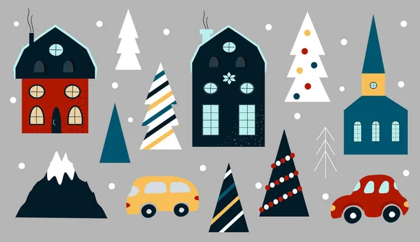 ベクトルイラスト クリスマスをテーマにした北欧スタイルの要素のセット 居心地の良い家 フラットスタイルのトレンドイラスト — ストックベクタ