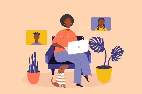 矢量平面图形上的主题在线交流 坐在扶手椅上 拿着笔记本电脑 通过网络与女儿或孙女交流的黑人妇女 — 图库矢量图片