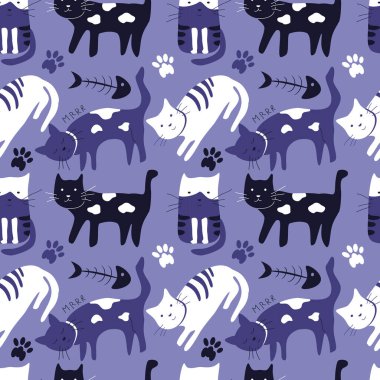  Sevimli vektörsüz desenli, el çizimi farklı kediler, pençeler, saf çocuksu süsler. Kumaş, giysi, ambalaj kağıdı, çocuk odası için duvar kağıdı, bebek eşyaları.