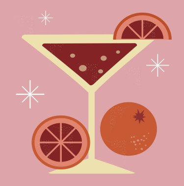  Vintage retro tarzı kokteyl bardağı ve portakallarda vektör çizimi. Düz biçimdeki resimleme eğilimi