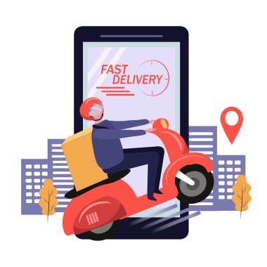  Hızlı teslimat ve hızlı teslimat konulu vektör çizimi. Akıllı telefon, scooterlı bir kurye bir kutu taşır. Düz biçimdeki resimleme eğilimi