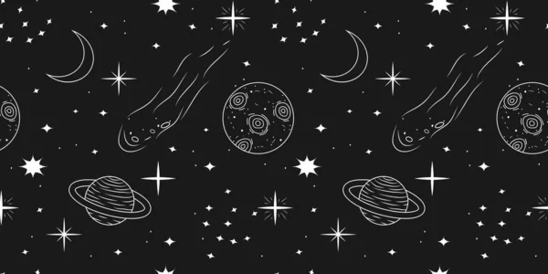 Uzay Astroloji Yıldızlar Gezegenler Kuyrukluyıldızlar Asteroitler Temalı Kusursuz Göksel Desen — Stok Vektör