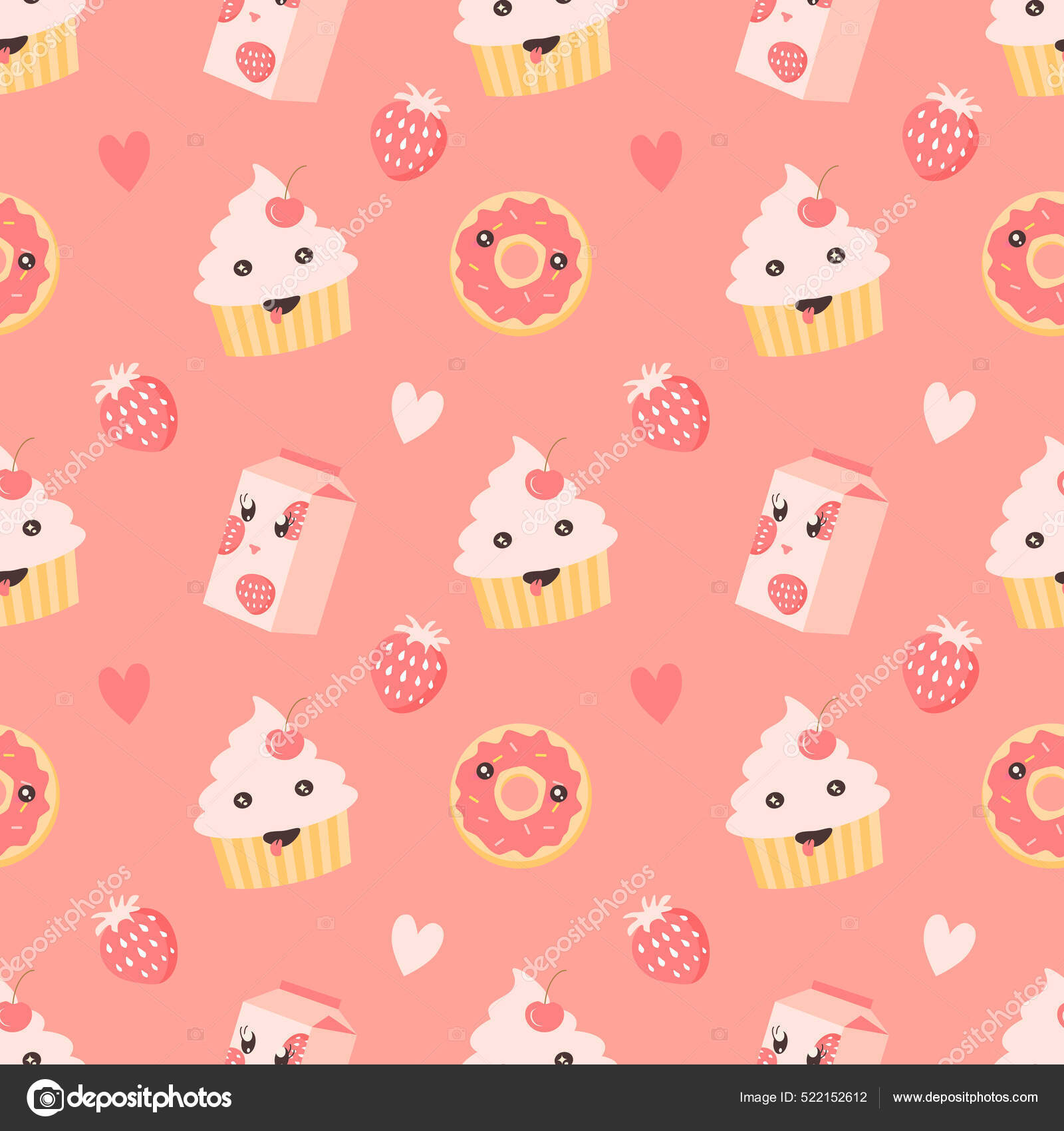 Patrón Sin Costuras Lindo Vector Con Dulces Kawaii Cupcakes Batidos Vector  de stock #522152612 de ©vikova86, image size:1600x1700