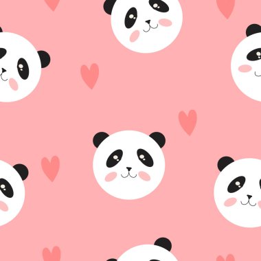  Kawaii panda yüzlü şirin vektörsüz desen. Kumaşa ve ambalaj kağıdına yazdırmak için düz bir kalıp.