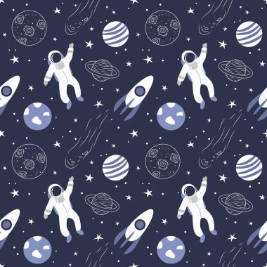  Uzayın temasındaki vektörsüz desen. Astronotlar, gezegenler, yıldızlar, roketler, asteroitler. Düz biçimli çocuk deseni