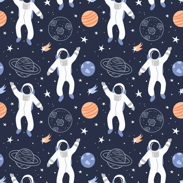 Vector Seamless Pattern Theme Space Pattern Astronauts Planets Stars Asteroids — Stock Vector