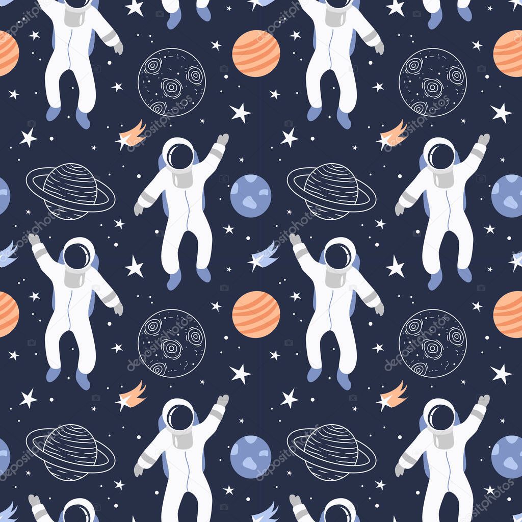  vector seamless pattern on the theme of space. pattern with astronauts, planets, stars, asteroids. childrens pattern in flat style
