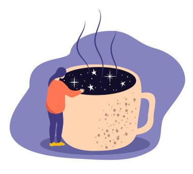  Vektör çizimi. Kız, yıldızlı gökyüzünü yansıtan dumanı tüten büyük bir bardağın yanında duruyor. Düz biçimdeki resimleme eğilimi