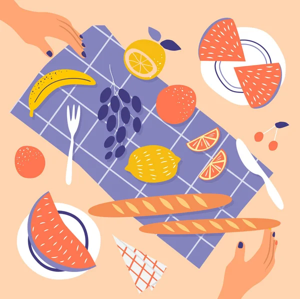 Vektor Kézzel Rajzolt Aranyos Illusztráció Egy Piknik Téma Gyümölcsök Bagett — Stock Vector