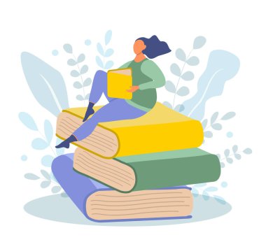  Vektör el çizimi kitap okuma, hobi, ev eğitimi teması üzerine. Bir kız bir yığın kitabın üzerine oturur ve elinde bir kitap tutar. Düz biçimdeki resimleme eğilimi