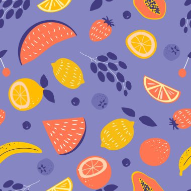  Tatlı elli vektörsüz desen çeşitli meyve ve meyveler (karpuz, muz, limon, üzüm, yaban mersini) çizdi. Düz biçimdeki resimleme eğilimi
