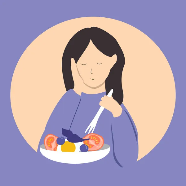以饮食 饮食紊乱为主题的病媒图解 悲伤的女孩和一盘沙拉 趋势图以扁平的风格展示 — 图库矢量图片