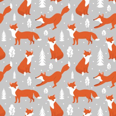  Elle çizilmiş vektörsüz desenler çeşitli şekillerde sevimli tilkiler kış ağaçlarına ve kar yağışına poz veriyor. Düz biçimdeki hayvan deseni.