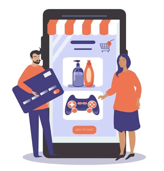 Ilustración Vectorial Sobre Tema Las Compras Línea Compras Través Applications — Archivo Imágenes Vectoriales