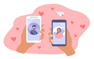  Online randevulaşma konusuna vektör el çizimi. Bir adam ve bir kız akıllı telefonların ekranında. Randevu uygulamaları. Düz biçimdeki resimleme eğilimi