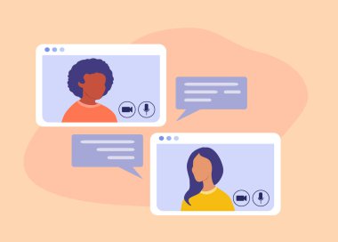  Çevrimiçi iletişim, webinarlar, konferanslar konularında vektör illüstrasyonu. Ekrandaki iki kız birbirleriyle iletişim kuruyor. Düz biçimdeki resimleme eğilimi