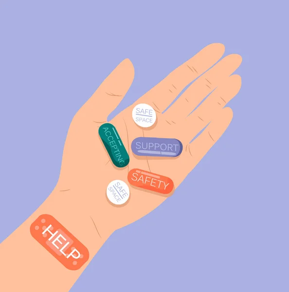 Vector Illustration Topic Help Mental Disorders Palm Hand Various Pills — Stock Vector