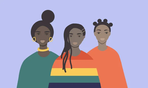 Três Meninas Negras Bonitas Com Penteados Diferentes Ilustração Tendência Estilo —  Vetores de Stock